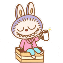 a cartoon of a rabbit sitting on a box holding a cup of coffee
