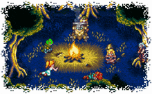 a pixel art of a group of people sitting around a campfire