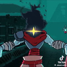 a cartoon character with a red scarf around his neck and a star in his eyes