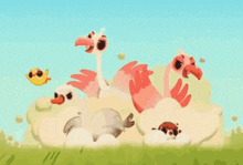 a bunch of birds are sitting on top of a pile of dirt .