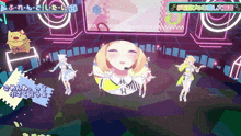 a group of anime characters are dancing on a stage with chinese writing on the bottom
