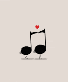 a drawing of two birds standing next to each other with hearts coming out of them