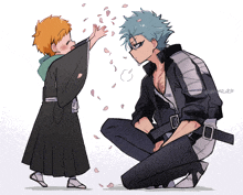 a drawing of a man kneeling down next to a little boy with petals falling around them