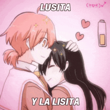 a drawing of a girl hugging another girl with the words " lusita y la lisita " on the bottom