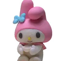 a stuffed animal with a pink hat and a blue bow is holding a cup