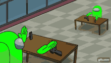 a green among us character is sitting at a table with a gun