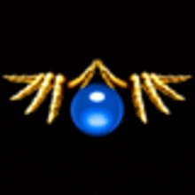 a blue ball is surrounded by gold wings on a black background .