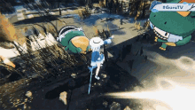 a cartoon character is flying through the air next to a sign that says gura tv