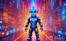 a cartoon character in a futuristic suit is standing in front of a colorful background .