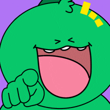 a green cartoon character with a yellow square on his head