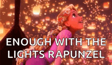 rapunzel from tangled is looking up at the lanterns flying in the sky .