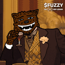 a cartoon of a man in a suit holding a wine glass with the words $ fuzzy on xrp ledger