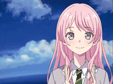 a girl with pink hair and blue eyes is wearing a tie