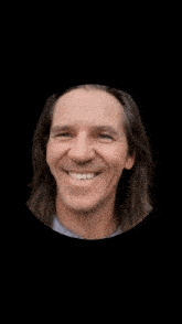 a man with long hair and a beard is smiling in a black circle