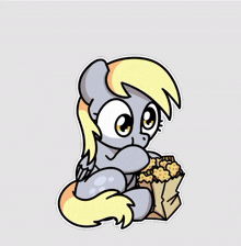 a cartoon drawing of a pony eating popcorn
