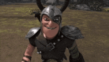 a cartoon character wearing a helmet with horns and a sword