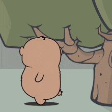 a cartoon drawing of a bear with big eyes standing next to a tree