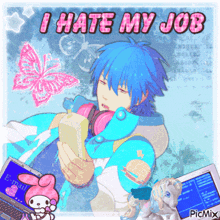 a picture of a boy with the words " i hate my job " written on it