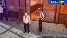 a screenshot of a video game shows two people standing outside of a restaurant that says after school
