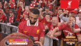 a man in a red liverpool jersey stands in front of a crowd