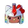 hello kitty is wearing a helmet with a red bow .