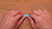 a person is holding a piece of blue paper .