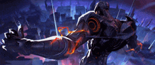 a robot with glowing arms is standing in front of buildings