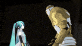 hatsune miku standing next to a robot in a dark room