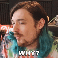 a man with long blue hair and a beard is asking why