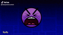 a purple and black cartoon face with a blue background