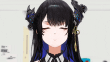 a close up of a girl 's face with her eyes closed and horns on her head