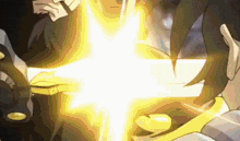 a cartoon character is holding a glowing object in his hands .