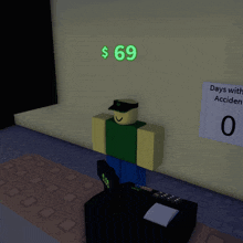 a roblox character is holding a sword in front of a sign that says days with accidents 0