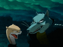 a cat and a wolf are looking at each other