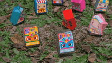 a bunch of boxes on the ground with one that says pop burn