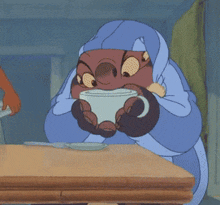 a cartoon character sitting at a table holding a cup of coffee