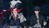 two anime characters are standing next to each other and one is wearing a pirate hat .