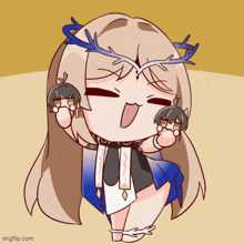 a cartoon of a girl with antlers on her head holding two stuffed animals