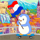 a penguin on a skateboard holding a flag with the word pengu on the bottom right