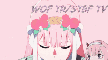 a pink anime girl with the words wof tr / stbf tv on the bottom