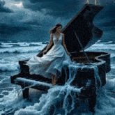 a woman in a white dress is standing on a piano in the water