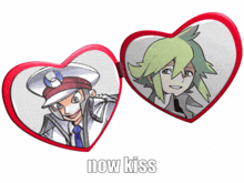 two hearts with a picture of a man and the word now kiss