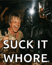 a picture of darth vader and luke skywalker drinking beer