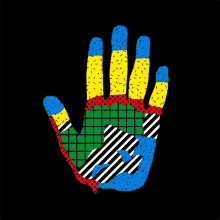 a colorful hand on a black background with red yellow and blue fingers