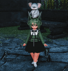 a girl with green hair and glasses has a stuffed koala on her head