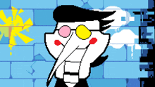 a pixel art drawing of a cartoon character with glasses and a long nose