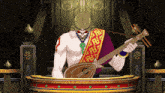 a man playing a guitar with a purple sash that says r on it