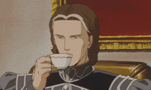 a man is drinking from a white cup with a yellow stripe