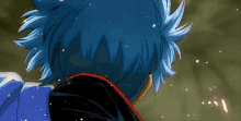 a close up of a blue haired anime character