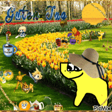 a picture of a field of yellow flowers with the words guten tag written in blue